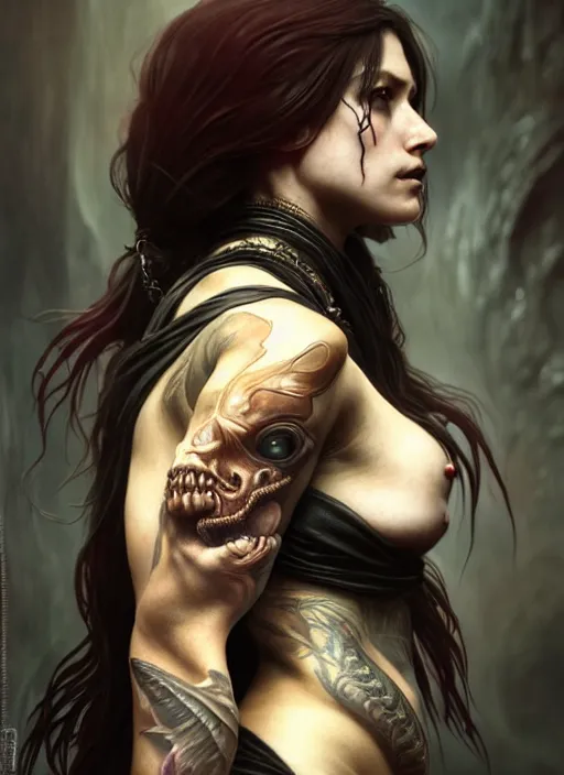 Image similar to ultra realistic, human predator, goth, tattoos, leather, fantasy, flesh, bone, body horror, intricate details, eerie, highly detailed, octane render, 8 k, art by artgerm and alphonse mucha and greg rutkowski