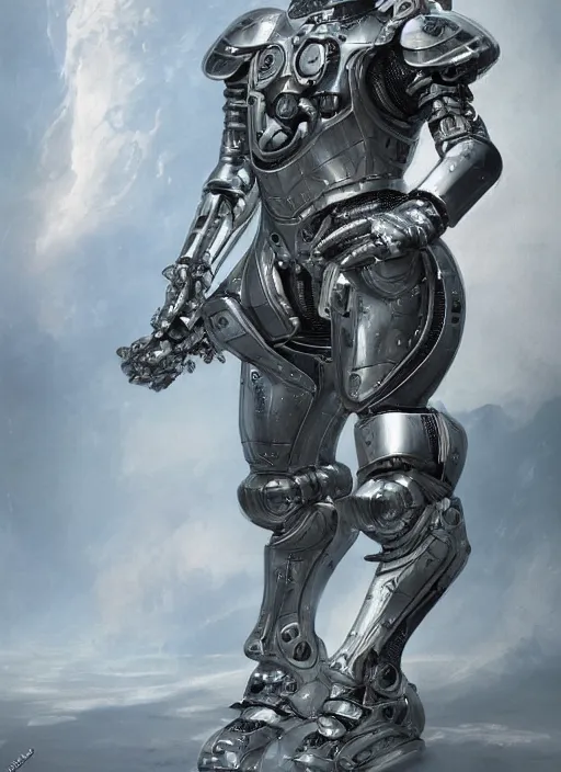 Image similar to portrait of a futuristic silver armored knight cyborg with mechanical very detailed space suit, modern fine art, fractal, intricate, elegant, highly detailed, digital photography, subsurface scattering, by jheronimus bosch and greg rutkowski,