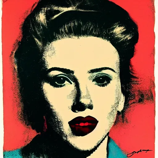 Image similar to Portrait of Scarlett Johansson painted by Andy Warhol