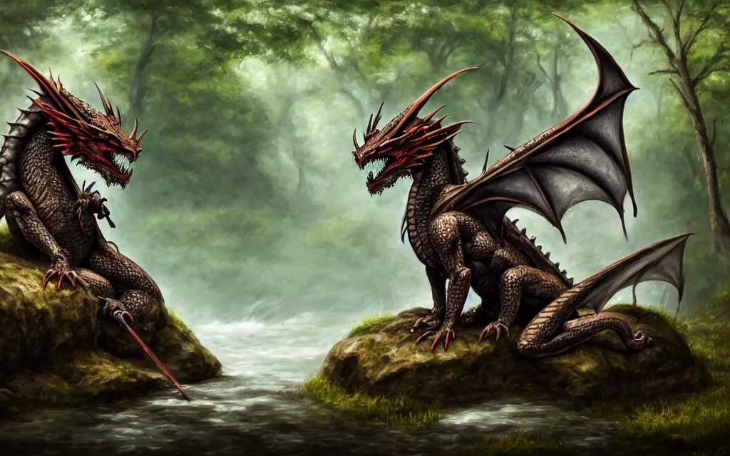 Prompt: A dragon dressed in armor sitting on a rock within a woodland creek, highly detailed, trending on pixiv, realistic oil paint artwork made in 2020.