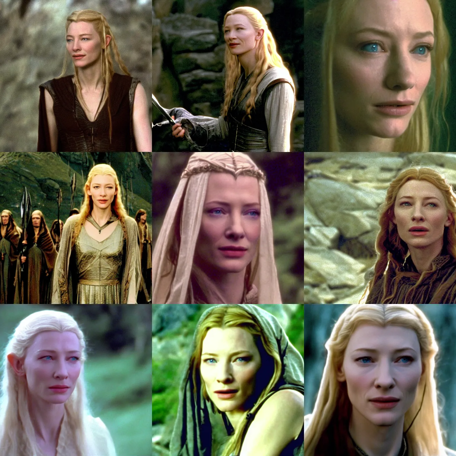 Prompt: young cate blanchett ( galadriel ) in a scene of lord of the rings ( 2 0 0 2 ), filmed by andrew lesnie with arriflex 4 3 5 camera