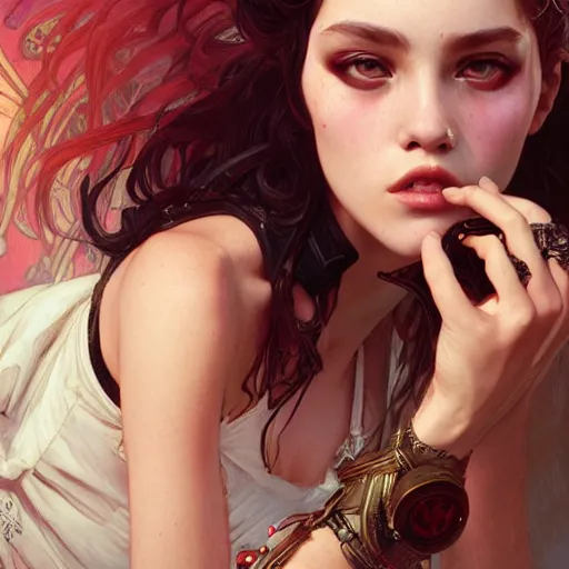 Prompt: highly detailed portrait of a punk young lady by by Artgerm,Greg Rutkowski,Alphonse Mucha, 4k resolution