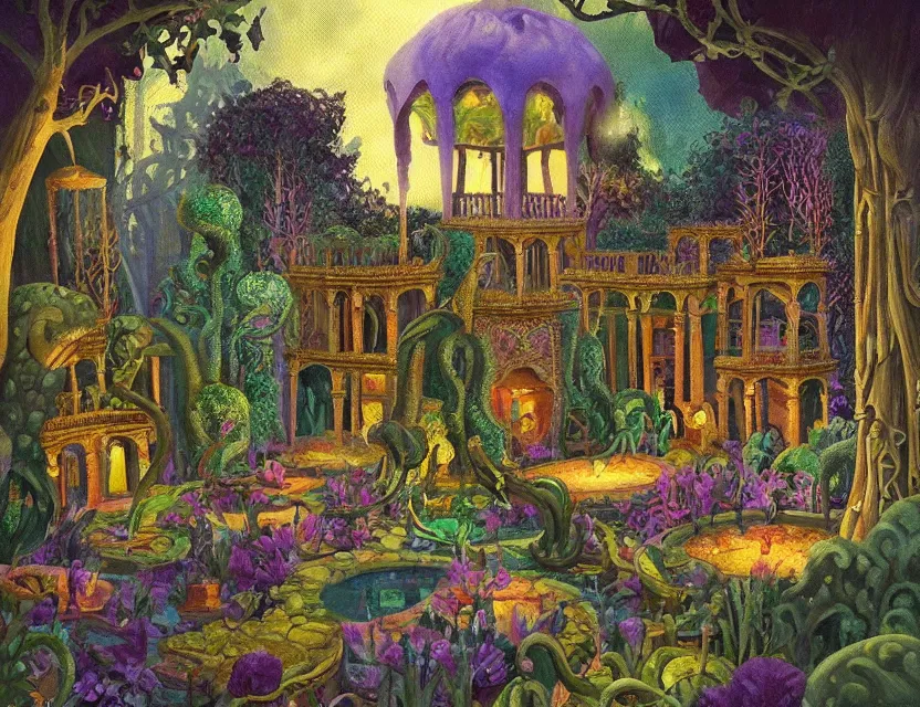 Prompt: lovecraftian persian palace garden. this oil painting by the beloved children's book illustrator has dramatic lighting, an interesting color scheme and great sense of depth.