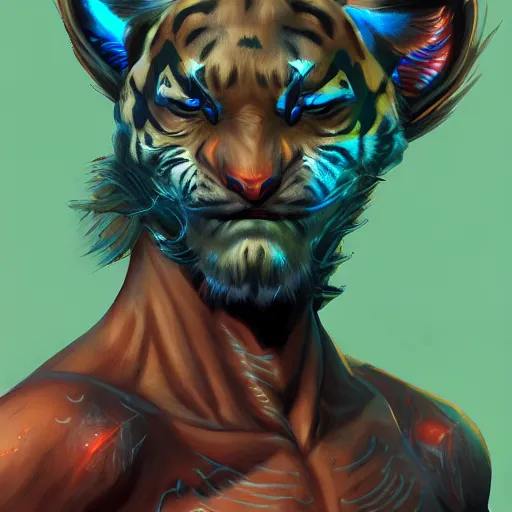 Image similar to exophilia, handsome, tiger alien race, arcana, godlike, harmony artstation