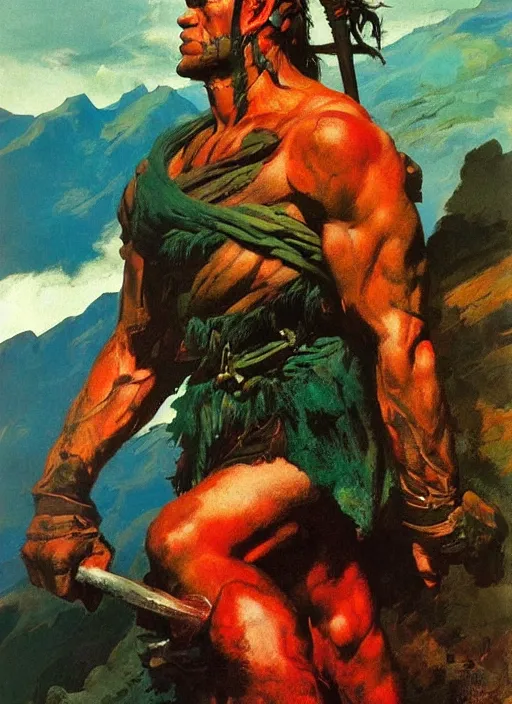 Prompt: portrait of barbarian on mountain, coherent! by mariusz lewandowski, by frank frazetta, deep color, strong line, red green black teal, high contrast