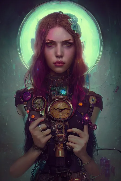 Image similar to portrait of a psychedelic steampunk girl with biotechnical parts and neon light by Artgerm and Greg Rutkowski , digital painting, highly detailed, trending on artstation