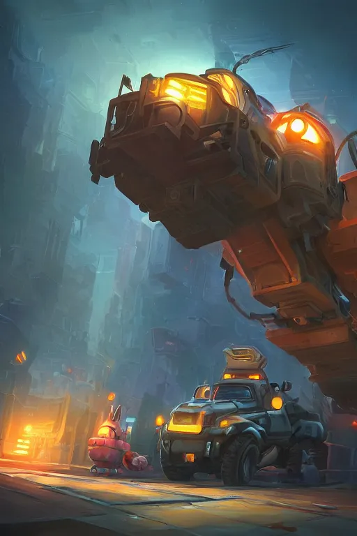 Image similar to pixar style construction truck league of legends wild rift hero champions arcane magic digital painting bioluminance alena aenami artworks in 4 k design by lois van baarle by sung choi by john kirby artgerm style pascal blanche and magali villeneuve sci - fi steampunk construction vehicle