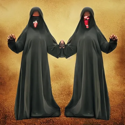 Image similar to hyper realistic, award winning photo two Hovering twin nuns wearing hoods, buxom chested blindfolded wearing translucent veils see through dress, Very long arms, floating nuns, bedroom, eerie, frightening, highly detailed, photorealistic, colorized —width 1024 —height 1024