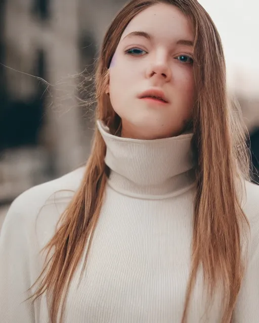 Prompt: girl with [ long beige hair, white skin, wearing a turtle neck ], 4 k photorealism, full face view, trending on unsplash