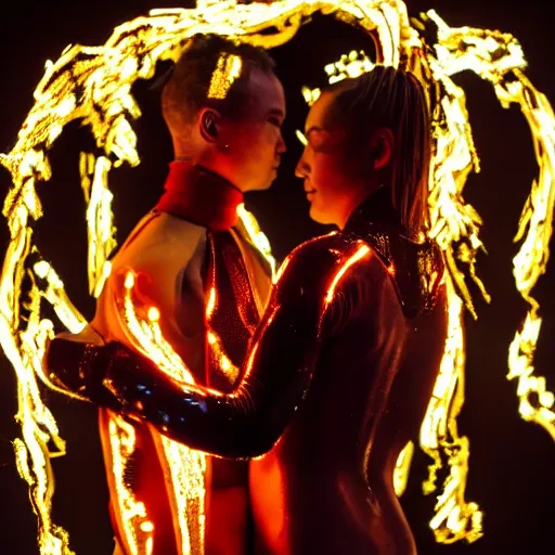 Image similar to love, diverse fire cybersuits, from behind, connection rituals, wide wide angle, vivid, elaborate, highly detailed, beautiful lighting