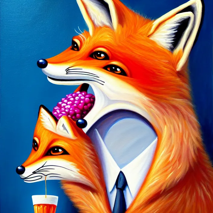 Image similar to a painting of a photorealistic anthropomorphic male red fox in a nice suit eating a slice of blueberry pie, oil on canvas, soft lighting, vivid colors