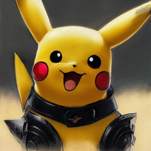 Image similar to close up of pikachu wearing leather armor, cinematographic shot, by daniel f. gerhartz