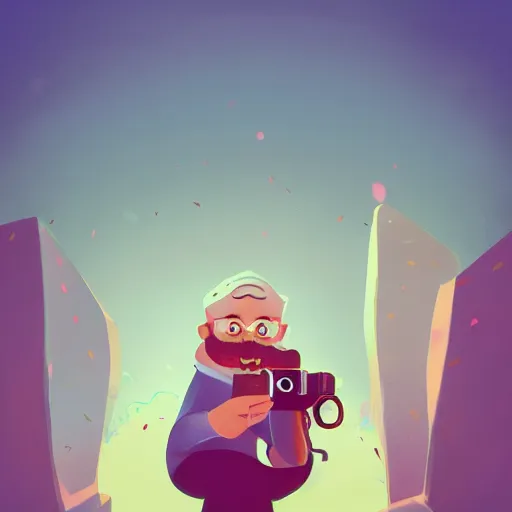 Image similar to cute cartoon character, curled perspective, digital art, baby girl, smiling beard grandpa taking photo, old photo camera, anton fadeev