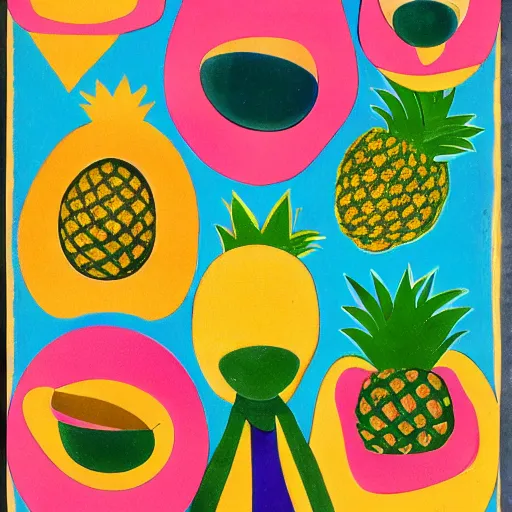 Image similar to pineapples and mangos in the style of eileen agar