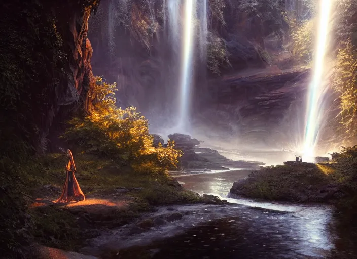 Prompt: detailed intricate digital illustration by greg rutkowski and artgerm and wlop and sanford robinson gifford ; 2 0 0 4 vehicle, glowing headlights, shimmering waterfall in background ; 1 3 mm film, close up head on arri alfa anamorphic lens ; sharp focus, bright morning lighting with shimmering highlights and rays of light, trending on artstation 4 k