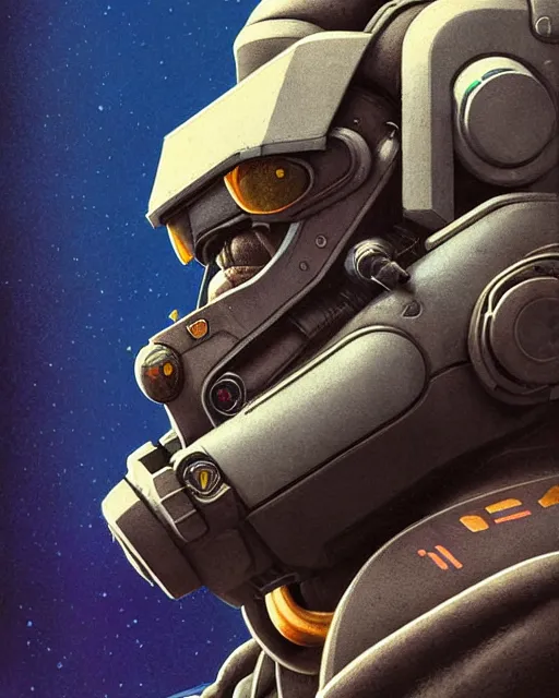 Image similar to winston from overwatch, josh brolin, gray hair and beard, character portrait, portrait, close up, concept art, intricate details, highly detailed, vintage sci - fi poster, retro future, in the style of chris foss, rodger dean, moebius, michael whelan, and gustave dore