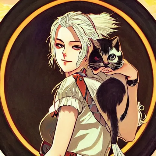 Image similar to Ciri holding a cat, manga style, expressive comic art, trending on artstation, digital art, by Alphonse Mucha, highly detailed