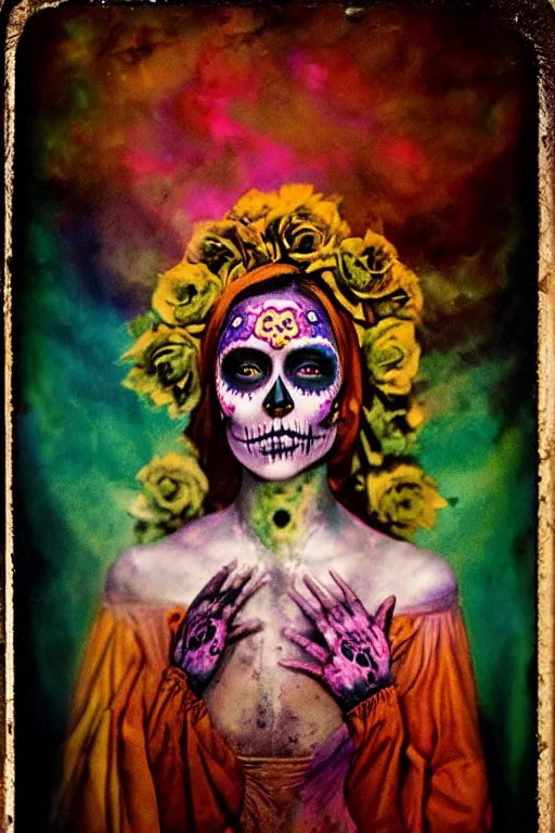 Image similar to color separation process, tintype virgin mary in dia de muertos dress and make up, horrific beautiful vibe, evocative, atmospheric lighting, painted, intricate, highly detailed, leesha hannigan, wayne haag, reyna rochin, ignacio fernandez rios, mark ryden, iris van herpen, stunning, gorgeous, sharp focus, cinematic, masterpiece