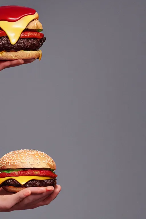 Prompt: mcdonalds hamburger covered in blood with a bite taken out, commercial photography