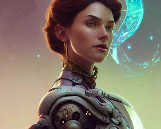 Image similar to scifi woman, deep focus, fantasy, intricate, elegant, highly detailed, digital painting, artstation, concept art, matte, sharp focus, illustration, some reflexions, hearthstone, photorealism, soft volumetric lights, art by moebius and artgerm and greg rutkowski and alphonse mucha