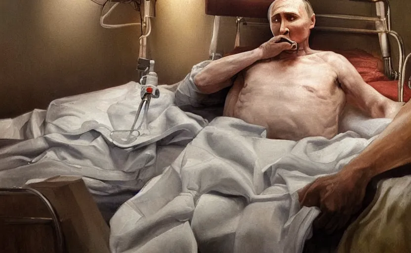 Prompt: hyperrealistic painting of very ill Vladimir Putin as a patient wearing an oxygen mask on a death bed inhaling from Copium tank that stand near his bed, dimly lit cozy tavern, leather tunic, confident relaxed pose, d&d, stunning 3d render inspired art by Tim Okamura and Lise Deharme + perfect facial symmetry + dim volumetric lighting, 8k octane beautifully detailed render, post-processing, extremely hyperdetailed, intricate, epic composition, grim yet sparkling atmosphere, cinematic lighting + masterpiece, trending on artstation, very very detailed, masterpiece, stunning