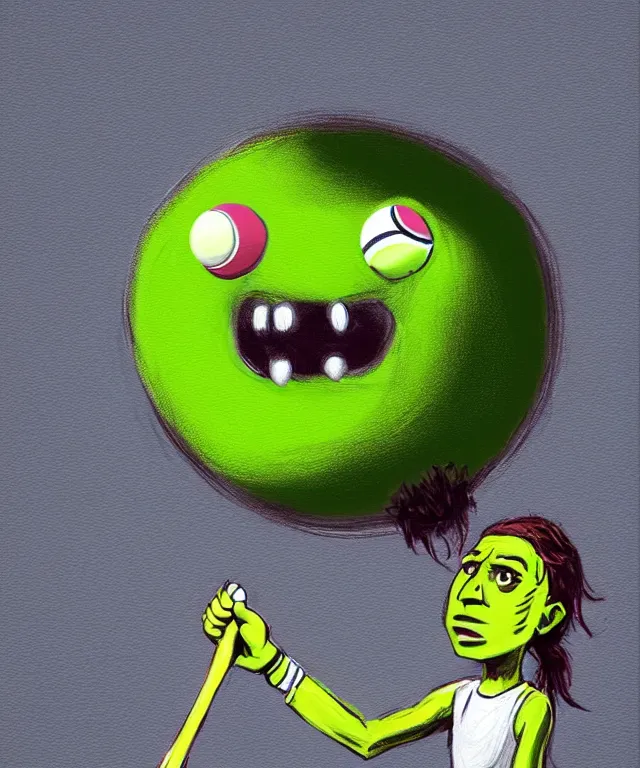 Image similar to a portrait of a tennis ball monster holding a tennis racket on a tennis court, chalk, fantasy, elegant, digital painting, artstation, concept art, matte, sharp focus, illustration, art by basil gogos