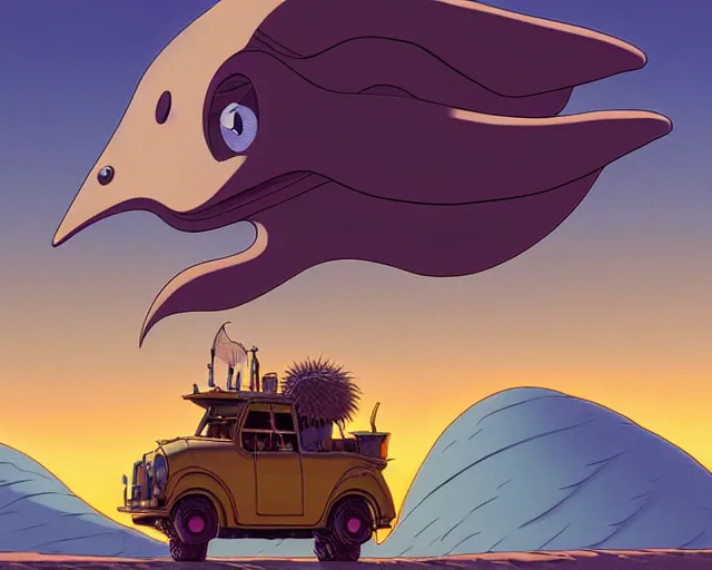 Image similar to a cell shaded cartoon giant grey lovecraftian mechanized emu from howl's moving castle ( 2 0 0 4 ), with a big head, on a desert road, wide shot, sunset, golden hour, muted colors, post grunge, josan gonzales, wlop, by james jean, victor ngai, hq, deviantart, art by artgem