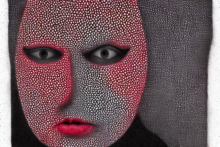 Image similar to face made out of mist, faceless people dark, dots, drip, stipple, pointillism, technical, abstract, minimal, style of francis bacon, asymmetry, pulled apart, cloak, hooded figure, made of dots, abstract, balaclava, red dots