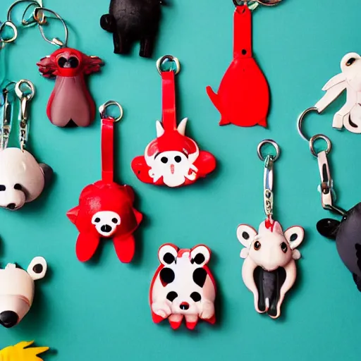 Image similar to some cute plastic toys that look like animal characters hanging from a keychain, red, dark teal, and blue