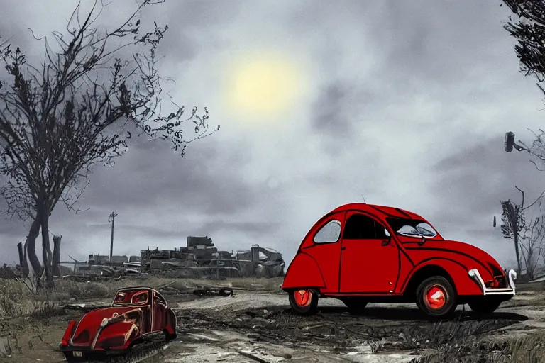 Prompt: red and black citroen 2 cv ( 1 9 6 5 ) driving across the wastelands of fallout 4, dramatic lighting, establishing shot, by simon stalenhag