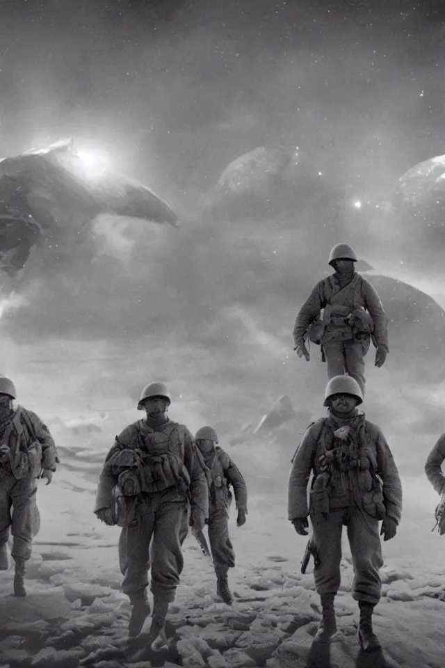 Image similar to a portrait of ww 2 american soldiers entering the star gate to agartha from antarctica, realistic, highly detailed, fantasy, early 2 1 st century film quality, b & w, 4 k