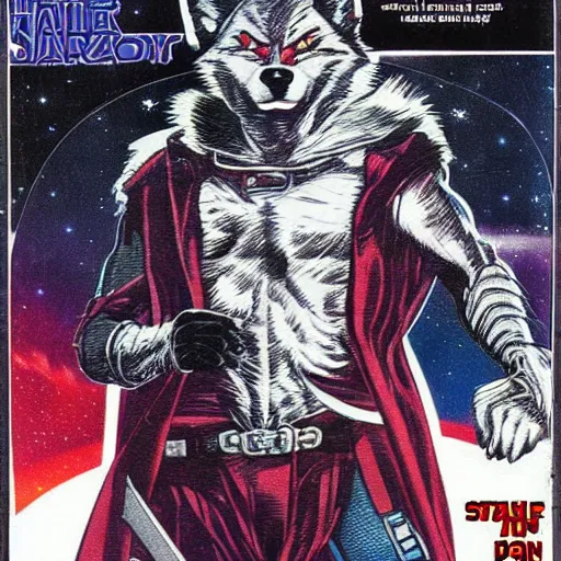 Image similar to 1 9 8 0 s comic book cover scan featuring a portrait of villain male wolf o'donnell anthropomorphic wolf furry fursona from starfox wearing a dark space mercenary uniform, dark grey wolf, handsome eyes, wolf o'donnell