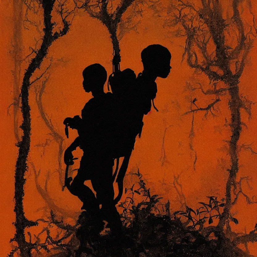 Prompt: a silhouette of boy with a backpack exploring white baroque neoclassicist halls overgrown with colorful alien swamplife. close - up view, detailed textures. glowing orange fog, dark black background. highly detailed fantasy science fiction painting by moebius, norman rockwell, frank frazetta, and syd mead. rich colors, high contrast