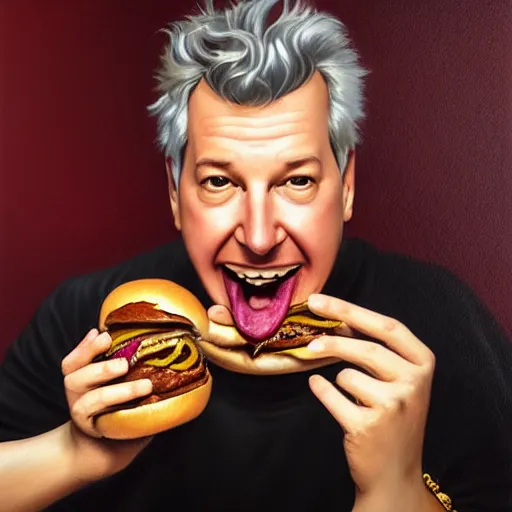 Prompt: portrait of a Marc Summers eating a hamburger, extra onions and ketchup, luscious patty with sesame seeds, masculine, handsome, D&D, fantasy, intricate, elegant, highly detailed, digital painting, artstation, concept art, matte, sharp focus, illustration, art by Artgerm and Greg Rutkowski and Alphonse Mucha