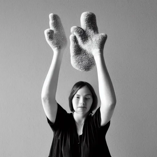 Prompt: a portrait of a woman made entirely of hands and fingers, soft sunlight dappling on her, she holds a hand puppet, in ancient airy building, award-winning photo