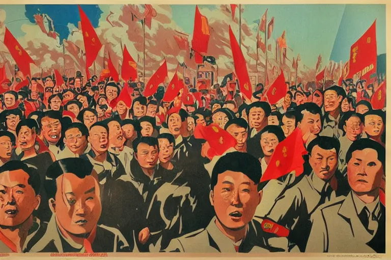 Image similar to vintage poster chinese cultural revolution propaganda, realistic, grain, rockets, astronauts