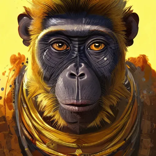 Image similar to a golden face monkey warrior with a black diamond in his forehead, Apex Legends character, digital illustration portrait design, by android jones and greg rutkowski, retrowave color scheme, detailed, cinematic lighting, wide angle action dynamic portrait