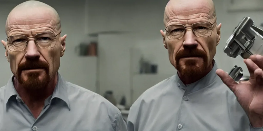 Image similar to walter white from breaking bad in avengers : endgame cooking meth, 8 k, highly realistic, hyperdetailed, cinematic canon lens