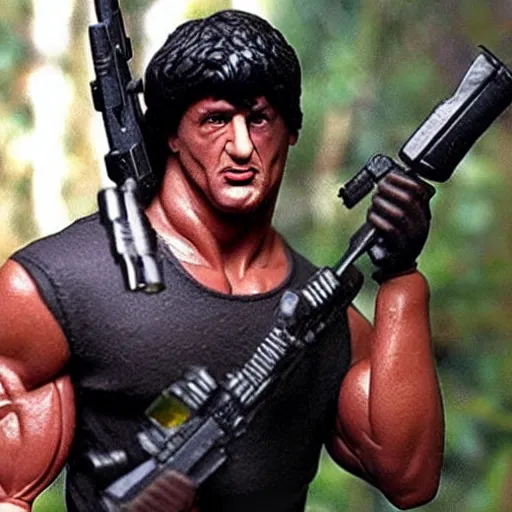 Image similar to advertising print 12 inch full body lifelike action figure of Sylvester Stallone as Rambo. Big muscles. Holding a fully automatic rifle