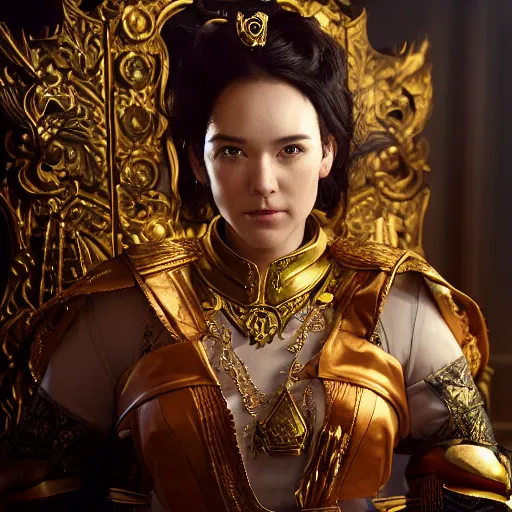 Image similar to the elder scrolls vi, charismatic regal black haired female jarl, portrait, exquisitely designed throne room, atmospheric lighting, painted, intricate, volumetric lighting, beautiful, daytime, slightly sunny weather, sharp focus, deep colours, ultra detailed, golden hour by leesha hannigan, ross tran, thierry doizon, kai carpenter, ignacio fernandez rios