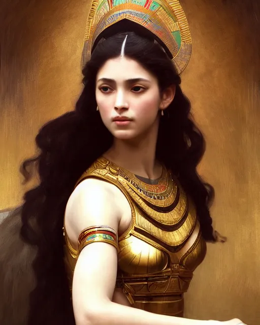 Image similar to Jessica Kahawaty as a beautiful egyptian princess, gorgeous, portrait, powerful, intricate, beautiful, masterpiece, elegant, volumetric lighting, digital painting, highly detailed, artstation, sharp focus, illustration, William-Adolphe Bouguereau, Hajime sorayama, ruan jia