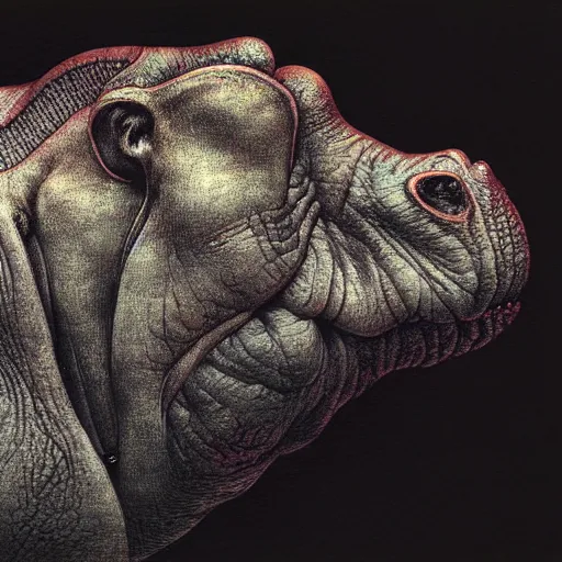 Image similar to a side view of hippopotamus, highly detailed, art by ayami kojima, beksinski, giger