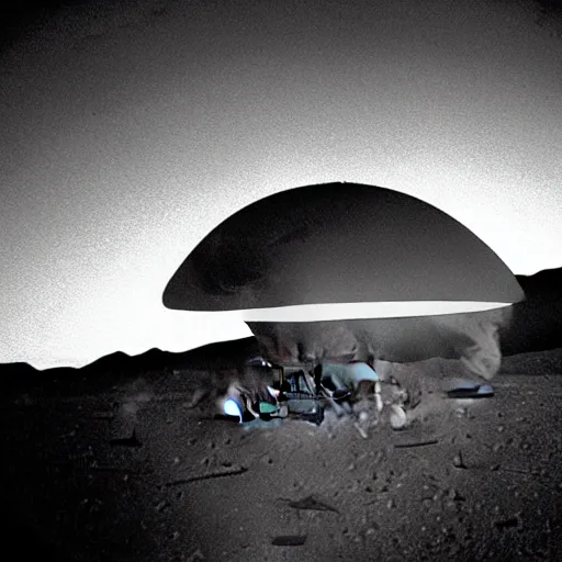 Image similar to crashed shattered burning UFO broken flying saucer in pieces strewn across a rocky desert, with a sad Roswell grey alien trying to repair his destroyed shattered spacecraft in the desert, crashed smoking UFO on fire, crashed bent and broken Flying Saucer in flames, dusk, Nikon photo