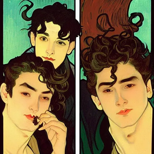 Image similar to painting of young cute handsome beautiful dark medium wavy hair man in his 2 0 s named shadow taehyung and cute handsome beautiful min - jun together at the halloween! party, bubbling cauldron!, candles!, smoke, autumn! colors, elegant, wearing suits!, delicate facial features, art by alphonse mucha, vincent van gogh, egon schiele