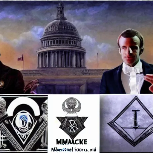 Image similar to emanuel macron hacking his way to illuminati council, freemason, epic, esoteric, matte painting, ultra detailled