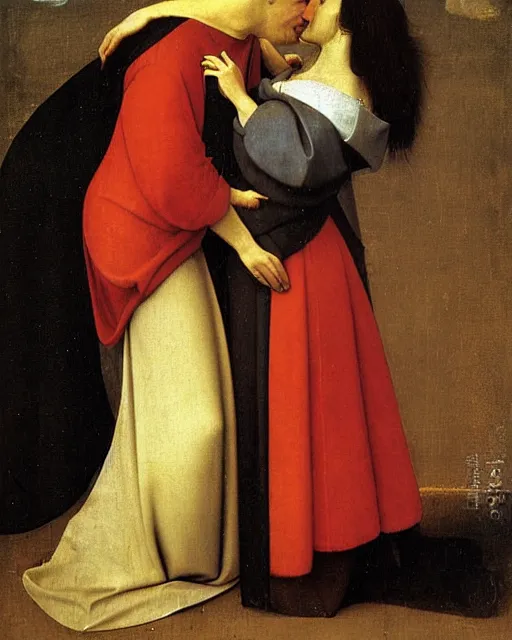 Image similar to The Kiss by Francesco Paolo Hayez painting by Hieronymus Bosch