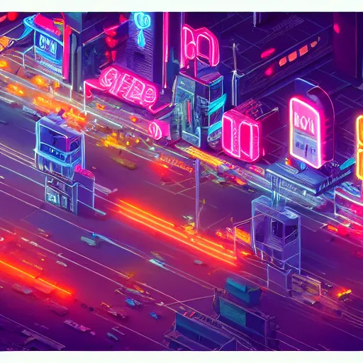 Image similar to isometric cyberpunk city, many vintage neon signs, futuristic highways, render, octane, 4k, highly detailed, vivid colors, high definition, by James Gilleard and Makoto Shinkai, Akira movie vibe