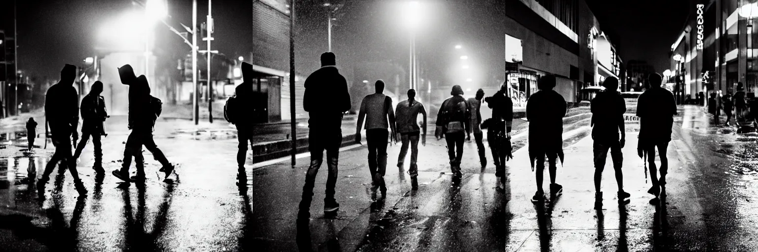 Prompt: Day after raining, a group of street punks go about walking the streets at night. Photojournalism, dramatic lighting, matte, photorealism