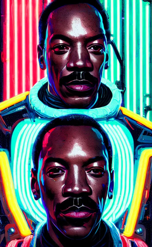 Image similar to detailed portrait Eddie Murphy Neon Operator, cyberpunk futuristic neon, reflective puffy coat, decorated with traditional Japanese ornaments by Ismail inceoglu dragan bibin hans thoma greg rutkowski Alexandros Pyromallis Nekro Rene Maritte Illustrated, Perfect face, fine details, realistic shaded, fine-face, pretty face