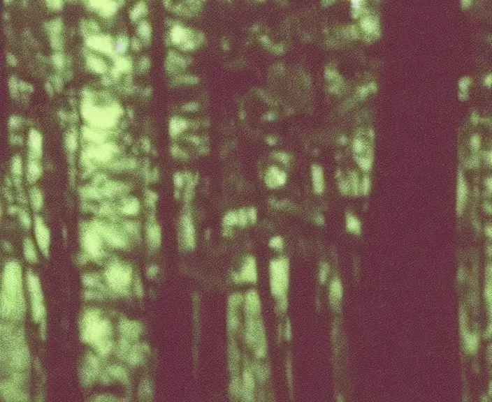Prompt: a still frame from vhs footage of a creature in a forest, grainy, creature in view, scary, color